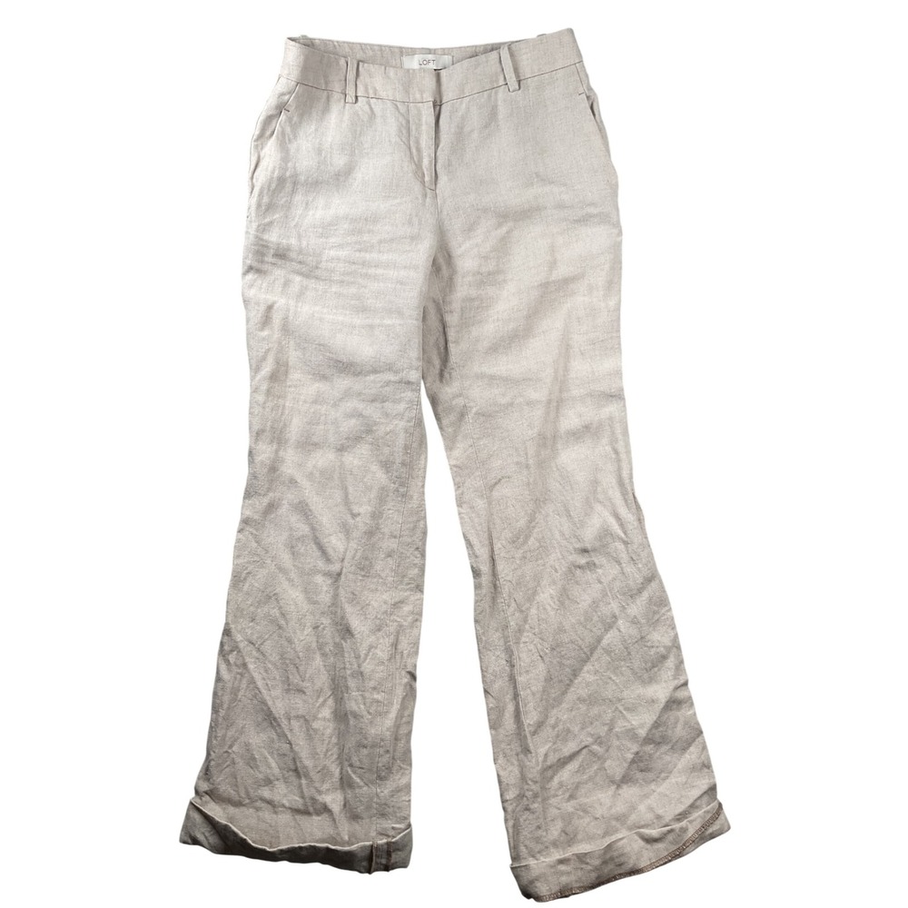 LOFT 100% Linen Trousers Womens 2 Beige Julie Wide Leg Flat Front Pants